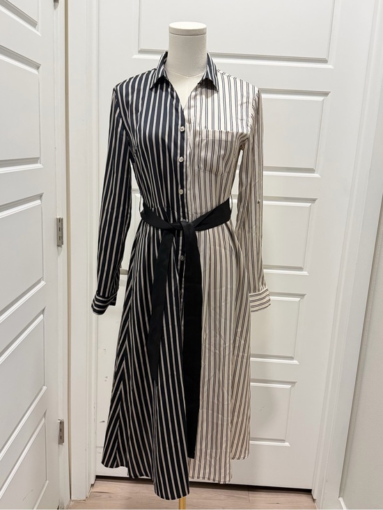 Loveless Dresses & Skirts - Two-Tone Striped Long Sleeve Shirt Dress with Waist Tie Black & White w/Pockets